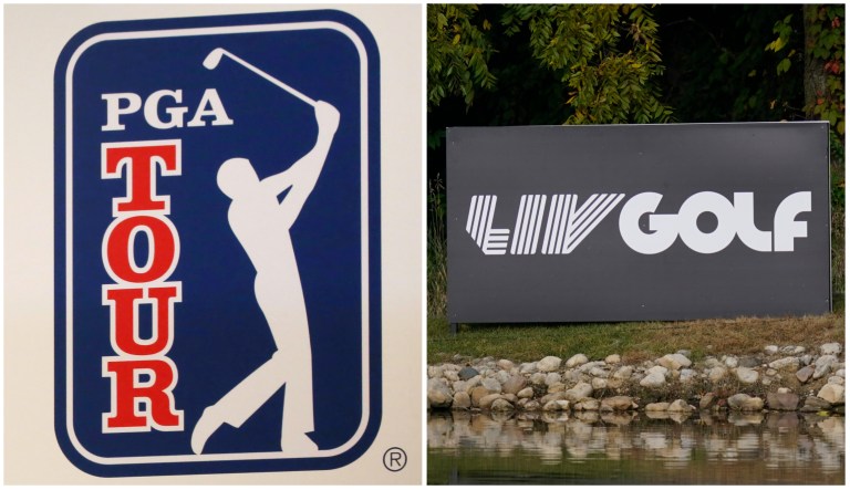 The PGA Tour logo and the LIV Golf logo.