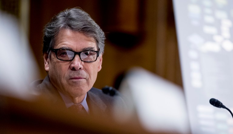 Energy Secretary Rick Perry appears at a Senate Committee on Commerce, Science, & Transportation hearing on infrastructure on Capitol Hill in Washington, Wednesday, March 14, 2018.