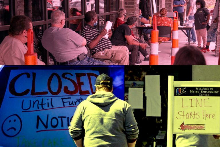 Unemployment lines and signs from the coronavirus pandemic are placed side by side.