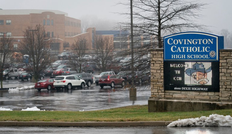Fog covers Covington Catholic High School in Park Hills, Ky., Saturday, Jan 19, 2019. A diocese in Kentucky apologized Saturday after videos emerged showing students from the Catholic boys' high school mocking Native Americans outside the Lincoln Memorial on Friday after a rally in Washington.