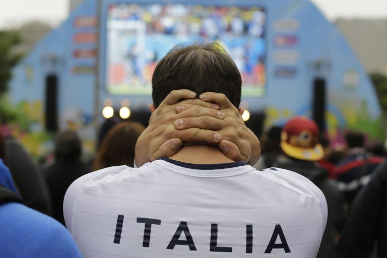 An Italy soccer fan watches his team's World Cup match with Costa Rica inside the FIFA Fan Fest area in Sao Paulo, Brazil, Friday, June 20, 2014. Italy lost 1-0 to Costa Rica. (AP Photo/Nelson Antoine)