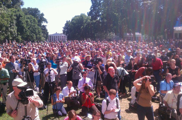 A crowd gathers Tuesday to celebrate the board's decision at the University of Virginia. (Steve Contorno/Examiner)
