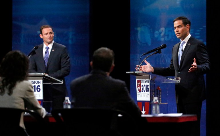 Throughout the debate, Rep. Patrick Murphy tried to tie Sen. Marco Rubio to the GOP presidential nominee. (AP Photo/Wilfredo Lee)