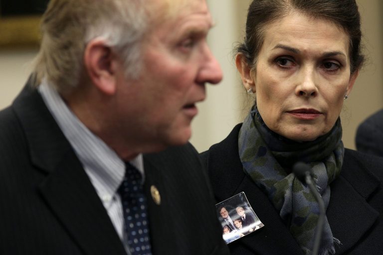 WASHINGTON, DC - MARCH 01:   U.S. Rep. Steve Chabot (R-OH) (L) speaks as Victoria Cummock (R), widow of Pan Am 103 victim John Cummock, listens during a news conference March 1, 2011 on Capitol Hill in Washington, DC. (Photo by Alex Wong/Getty Images)