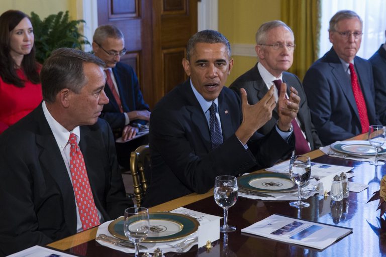 President Obama meets with congressional leaders in the Old Family Dining Room of the White House in Washington, Friday. From left are, House Speaker John Boehner of Ohio, Obama, Senate Majority Leader Harry Reid of Nev., and Senate Minority Leader Mitch McConnell of Ky. (AP Photo/Evan Vucci)