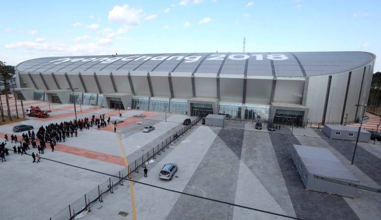 Foreign diplomats and U.S. Forces Korea officials visit the Gangneung Oval during a venue tour for upcoming the 2018 Pyeongchang Olympic Winter Games at the Gangneung Olympic Park in Gangneung, South Korea, Saturday, Nov. 25, 2017. South Korea's Pyeongchang is the host city of the 2018 Olympic and Paralympic Winter Games, which will be held from Feb. 2018. (AP Photo/Ahn Young-joon)