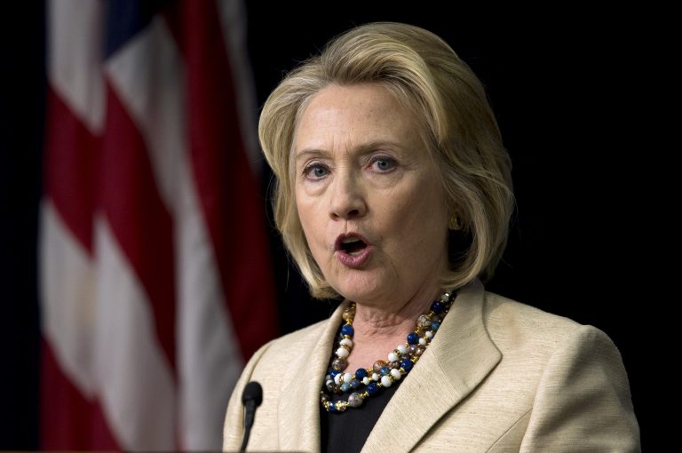   Former Secretary of State Hillary Rodham Clinton speaks about Syria, Monday, Sept. 9, 2013, in the South Court Auditorium on the White House Complex in Washington, during a the White House Forum to Combat Wildlife Trafficking. Clinton said any move by Syria to surrender its chemical weapons to international control would be an 