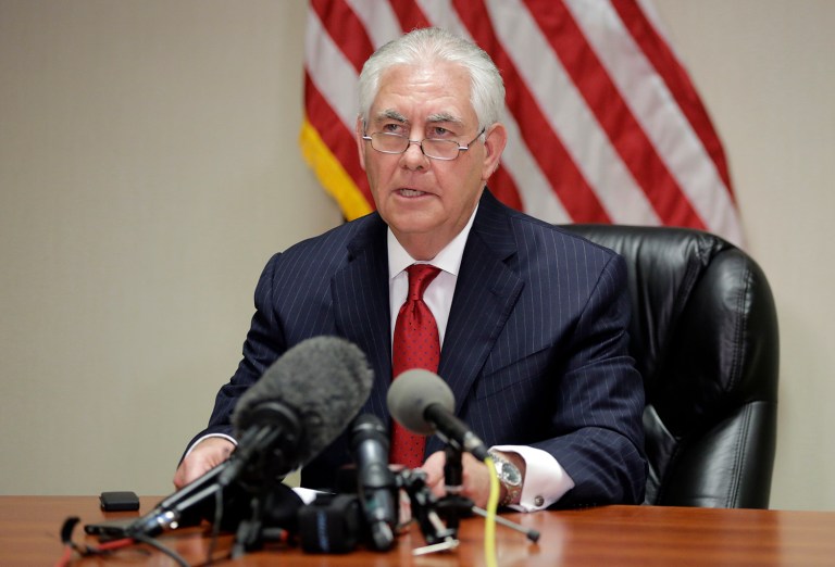 Secretary of State Rex Tillerson speaks to the news media at the Palm Beach International Airport, Thursday, April 6, 2017, in West Palm Beach, Fla. (AP Photo/Lynne Sladky)