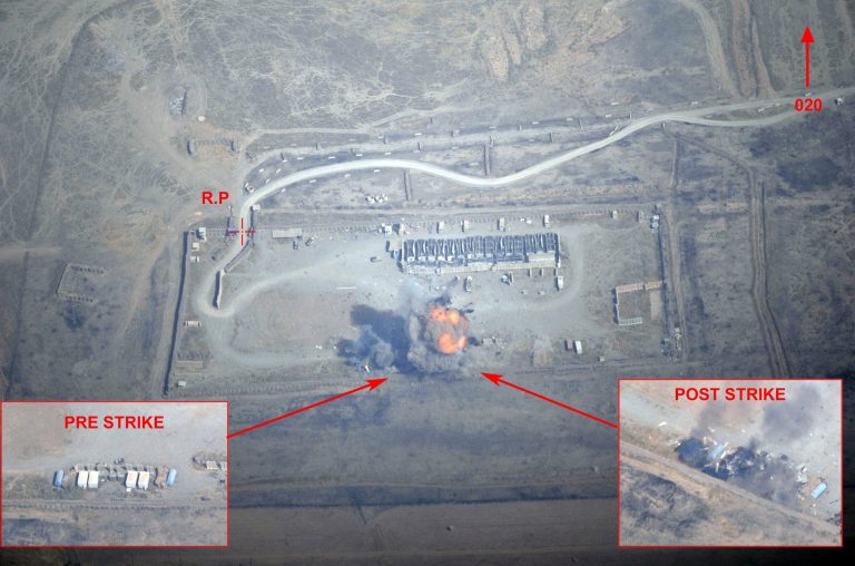 This image provided Friday, Sept.19, 2014 by the French Army's video and photo department ECPAD shows the destruction of a munitions and fuel depot overrun by the militants in Iraq. Joining U.S. forces acting in Iraqi skies, French fighter jets struck Friday against the militant Islamic State group, destroying a logistics depot, Iraqi and French officials said. (AP Photo/ECPAD)