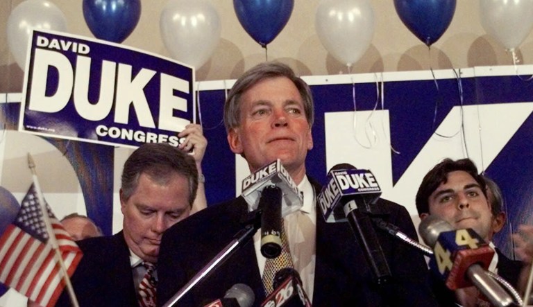 Former Ku Klux Klan leader David Duke talks to his supporters after he finished in third place in the special election to replace Bob Livingston in the U.S. House, Saturday, May 1, 1999, in Metairie, La. Former Gov. Dave Treen and state Rep. David Vitter qualified for a May 29 runoff in the election.