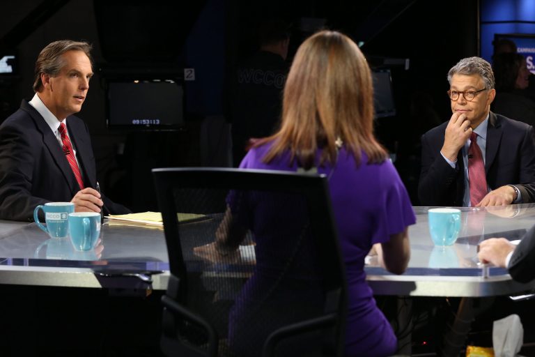 Republican challenger Mike McFadden, left, and Sen. Al Fraken face off in their senatorial debate, Sunday Oct. 26 , 2014, in Minneapolis. (AP Photo/The Star Tribune Star, Jerry Holt)