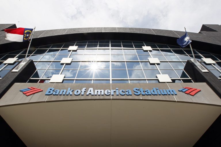   This, Saturday, Aug. 11, 2012, photo, shows the Bank of America Stadium prior to an NFL preseason football game. U.S. banks earned more from July through September than in any other quarter over the past six years. The increase is further evidence that the industry is strengthening four years after the 2008 financial crisis. (AP Photo/Gerry Broome)  