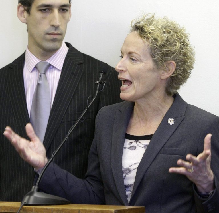   FOR USE MONDAY DEC. 31, 2012 AND THEREAFTER - FILE - In this Dec. 5, 2012 file photo taken in Springfield, Ill., Illinois Rep. Daniel Biss, D-Skokie, left, looks on as Illinois Rep. Elaine Nekritz, D-Des Plaines, speaks with reporters at the Illinois State Capitol. Lawmakers will convene again the first week in January in hopes of fixing the nation's worst case of underfunding state employees' pensions, a problem approaching $100 billion and mounting by $17 million per day. On the table are solutions that other states adopted as long as five years ago. 