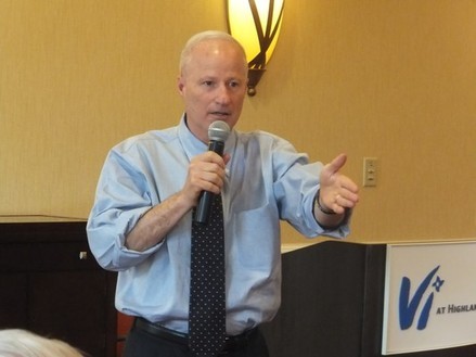 6TH DISTRICT Rep. Mike Coffman explains his votes on health care and federal spending to a group of voters at an assisted-living development in Highlands Ranch, Colo., on Tuesday, July 3, 2012. Coffman will need big turnout in Highlands Ranch, one of the most Republican areas of the redrawn 6th Congressional District, because the district is adding more Democrats and independents because of congressional redistricting.  (AP Photo/Kristen Wyatt)