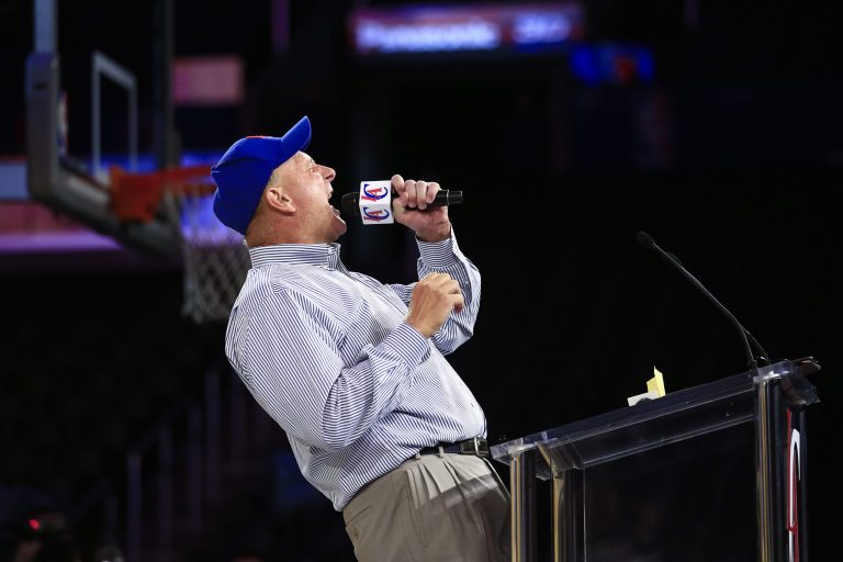 New Los Angeles Clippers owner Steve Ballmer, center, fires up the crowd as he speaks at the Clippers Fan Festival on Monday, Aug. 18, 2014, in Los Angeles.  (AP Photo/Jae C. Hong)