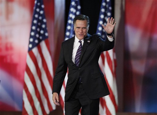 Republican presidential candidate and former Massachusetts Gov. Mitt Romney takes the stage to concede his quest for President of the United State at his election night event at the Boston Convention Center in Boston, Wednesday, Nov. 7, 2012. (AP Photo/Stephan Savoia)