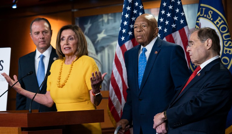 From left, House Intelligence Committee Chairman Adam Schiff, D-Calif., Speaker of the House Nancy Pelosi, D-Calif., House Oversight and Reform Committee Chairman Elijah Cummings, D-Md., and House Judiciary Committee Chair Jerrold Nadler, D-N.Y., hold a news conference after the back-to-back hearings with former special counsel Robert Mueller who testified about his investigation into Russian interference in the 2016 election, on Capitol Hill in Washington, Wednesday, July 24, 2019. 