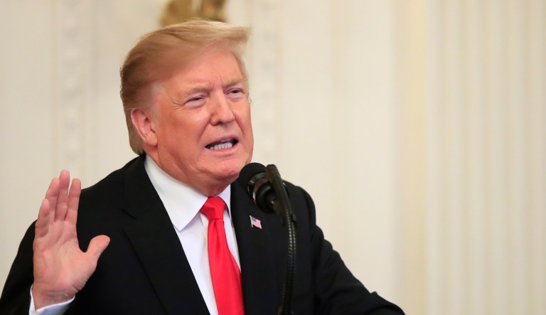 President Donald Trump speaks before awarding the Medal of Honor to Army Staff Sgt. Travis Atkins in the East Room of the White House, Wednesday March 27, 2019, in Washington.