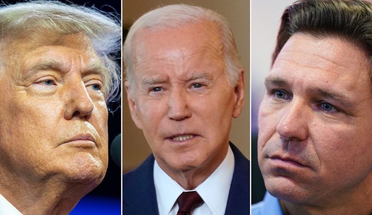 Former President Donald Trump (left), President Joe Biden (center), and Florida Gov. Ron DeSantis.
