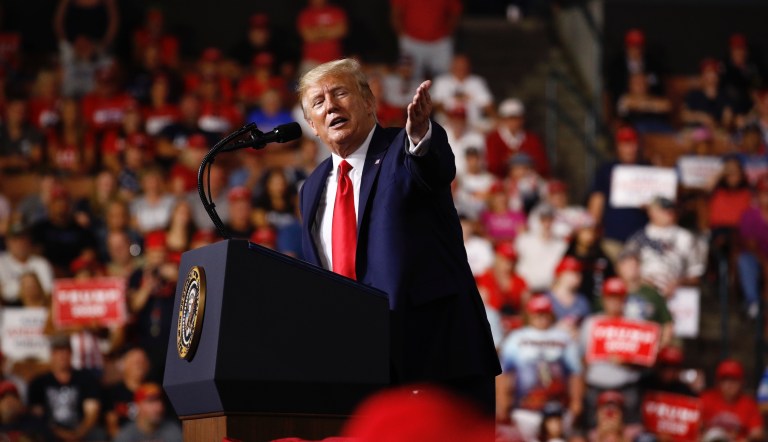 President Donald Trump speaks at a campaign rally, Thursday, Aug. 15, 2019, in Manchester, N.H. 