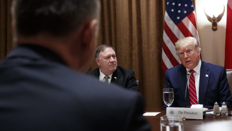 President Donald Trump speaks during an expanded bilateral meeting with Polish President Andrzej Duda in the Cabinet Room of the White House, Wednesday, June 12, 2019, in Washington.  Secretary of State Mike Pompeo sits next to Trump. 
