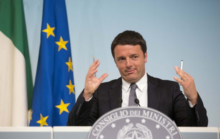 Italian Premier Matteo Renzi answers reporters' questions during a press conference in Rome, Monday, May 26, 2014. In Italy the main government party, the Democrats led by Premier Matteo Renzi, had beaten off a challenge by the anti-euro 5-Star Movement of comic Beppe Grillo. The center-left Democrats won 40,8 percent, while Grillo's anti-establishment movement garnered 21,1 percent. (AP Photo/Alessandra Tarantino)