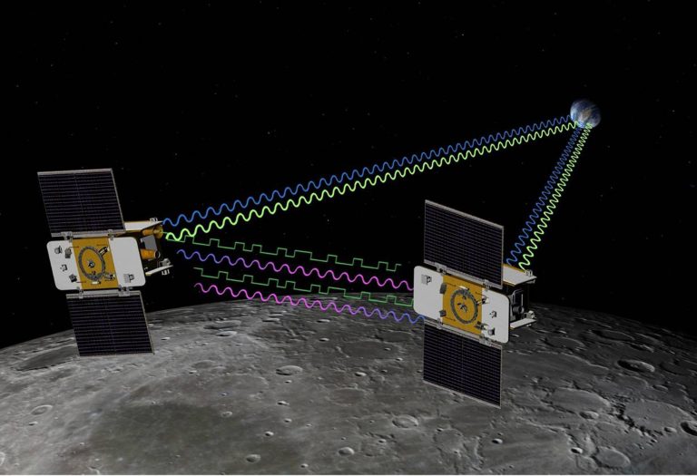   This artist rendering released by NASA shows the twin spacecraft Ebb and Flow orbiting the moon. The duo found evidence that the moonâs interior is more battered than previously thought and the crust is thinner than expected. (AP Photo/NASA)  