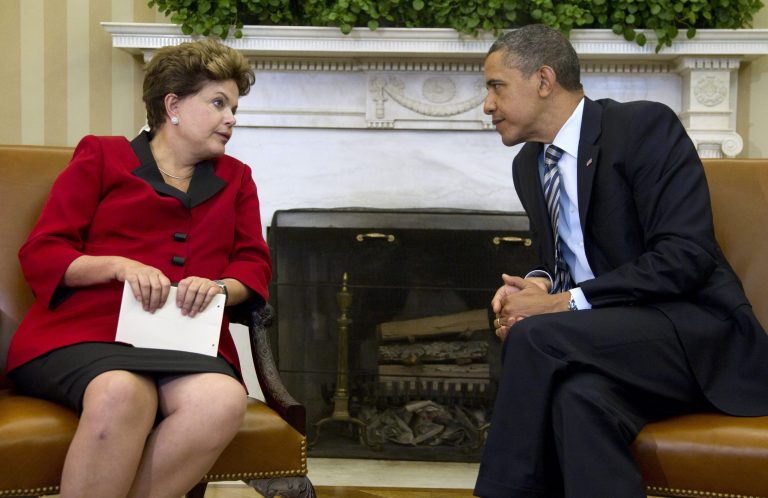   FILE - In this April 9, 2012 file photo, President Barack Obama, right, meets with Brazil's President Dilma Rousseff in the Oval Office of the White House in Washington. For Obama, an embarrassing diplomatic rebuke by Brazil is compounding an already troublesome stretch for the White House both at home and abroad. Rousseff announced Tuesday, Sept. 17, 2013, that she is putting off a state visit to the U.S. next month to protest an American spy program that has aggressively targeted her nationâs government and private citizens alike. (AP Photo/Carolyn Kaster, File)  