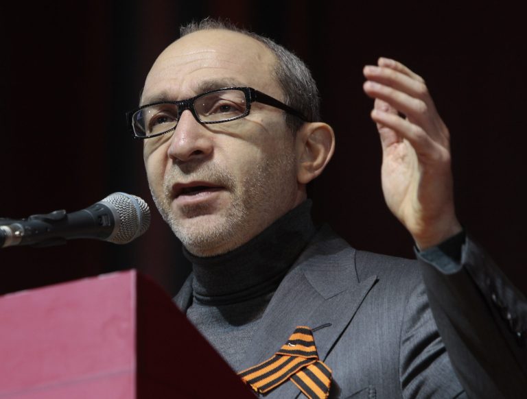 FILE - In this Feb. 22. 2014 file photo, Kharkiv mayor Hennady Kernes speaks at the congress of provincial lawmakers and officials in the Ukrainian eastern city of Kharkiv. Kernes was shot in the back Monday morning, April 28, 2014, his office said. Kernes was said to be undergoing surgery and 
