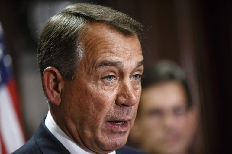 House Speaker John Boehner of Ohio, accompanied by GOP leaders, speak, to reporters following a Republican strategy meeting on Capitol Hill in Washington, Tuesday, April 29, 2014. Boehner said Rep. Michael Grimm, R-N.Y., did the right thing by stepping down from the the House Financial Services Committee after he was indicted Monday with evading taxes. (AP Photo)