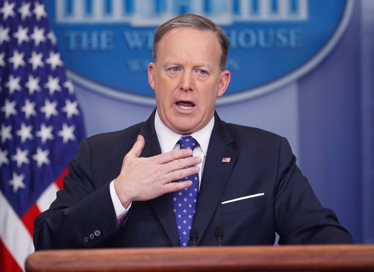 White House press secretary Sean Spicer speaks to the media during the daily briefing in the Brady Press Briefing Room of the White House in Washington, Wednesday, March 22, 2017. (AP Photo/Pablo Martinez Monsivais)