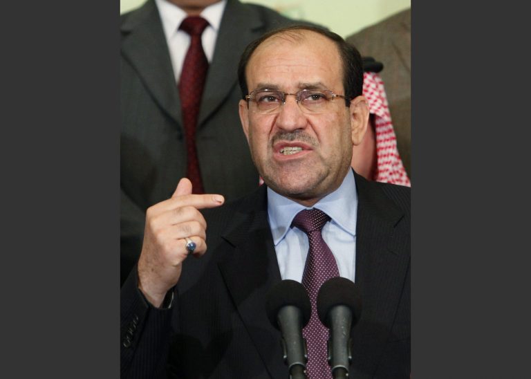 FILE - In this March 26, 2010 file photo, Iraqi Prime Minister Nouri al-Maliki speaks to the press in Baghdad, Iraq. Al-Maliki said in a statement issued by his office Friday, July 4, 2014, that he will fight until the Islamic militants who have overrun much of the country are defeated, suggesting he won't step down despite pressure for him to do so. (AP Photo/Hadi Mizban, File)