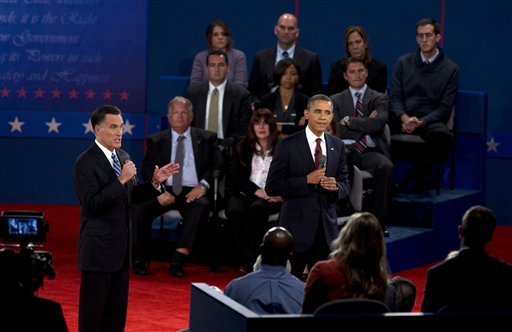 President Barack Obama, right, and Republican presidential candidate, former Massachusetts Gov. Mitt Romney, participate in the second presidential debate, Tuesday, Oct. 16, 2012, at Hofstra University in Hempstead, N.Y. (AP Photo/Carolyn Kaster)