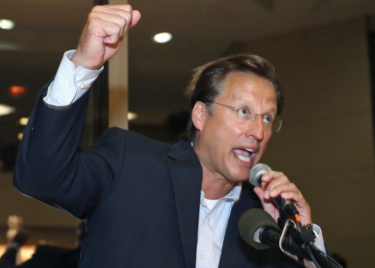 Dave Brat speaks to hundreds of supporters after beating Republican Congressman Eric Cantor in Tuesday's Republican primary for the 7th Congressional District in Virginia, June 10, 2014. (AP Photo, P. Kevin Morley/Richmond Times-Dispatch)