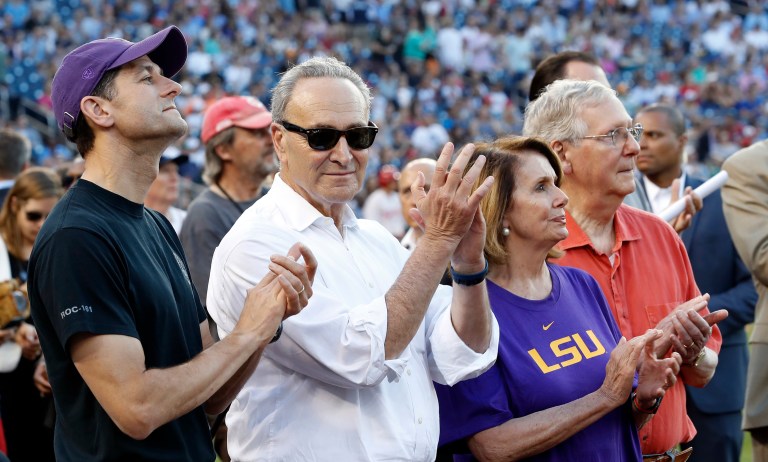 House Speaker Paul Ryan, R-Wis.; Senate Minority Leader Chuck Schumer, D-N.Y.; House Minority Leader Nancy Pelosi, D-Calif.; and Senate Majority Leader Mitch McConnell, R-Ky., went to the Congressional Baseball Game and led the nearly 25,000 in attendance (a record) in a 