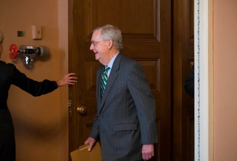 Senate Majority Leader Mitch McConnell, R-Ky., leaves a closed-door meeting with fellow Republicans to speak on the floor about the GOP healthcare bill, the party's long-awaited attempt to scuttle much of President Barack Obama's Affordable Care Act, at the Capitol in Washington, Thursday, June 22, 2017. The measure represents the Senate GOP's effort to achieve a top tier priority for President Donald Trump and virtually all Republican members of Congress. (AP Photo/J. Scott Applewhite)