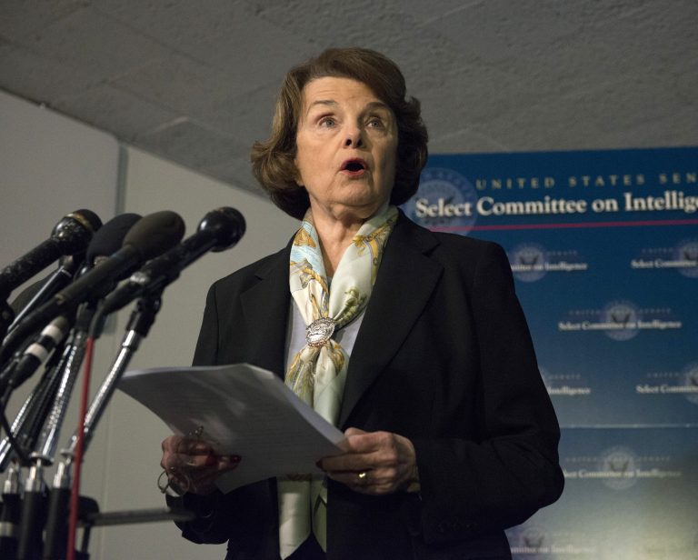 Senate Intelligence Committee Chair Sen. Dianne Feinstein, D-Calif. speaks after a closed-door meeting on Capitol Hill in Washington, Thursday, April 3, 2014, as the panel votes to approve declassifying part of a secret report on Bush-era interrogations of terrorism suspects puts the onus on the CIA and a reluctant White House to speed the release of one of the most definitive accounts about the government's actions after the 9/11 attacks. Members of the intelligence community raised concerns that the committee failed to interview top spy agency officials who had authorized or supervised the brutal interrogations.  (AP Photo/Molly Riley)