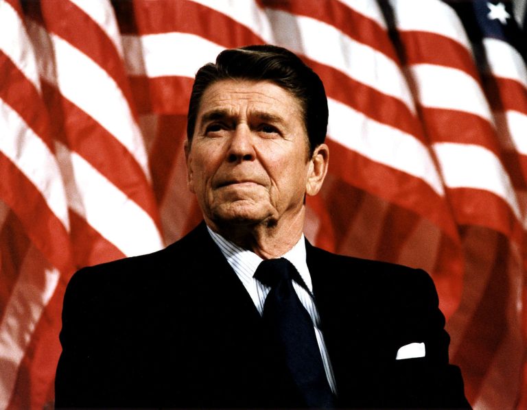 Former U.S. President Ronald Reagan speaks at a rally for Senator Durenberger February 8, 1982. Reagan turns 92 on February 6, 2003. (Photo by Michael Evans/The White House/Getty Images)