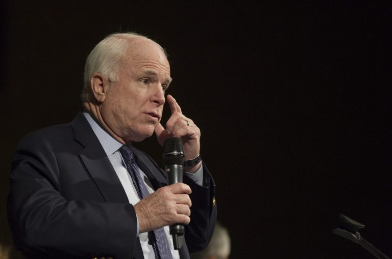Sen. John McCain, R-Ariz., speaks at the Arizona State Republican Committee Statutory Meeting at Grace Community Church in Tempe, Ariz. on Saturday, Jan. 24, 2015. (AP Photo/The Arizona Republic, David Wallace)