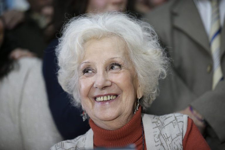 Estela de Carlotto, president of Grandmothers of Plaza de Mayo smiles during a news conference in Buenos Aires, Argentina, Tuesday, August 5, 2014. Carlotto, one of the most prominent human rights activists in Argentina, has located the grandson born to her daughter Laura in captivity during the military dictatorship that ruled Argentina from 1976-1983. Laura was kidnapped and killed by the military in August 1978. (AP Photo/Victor R. Caivano)