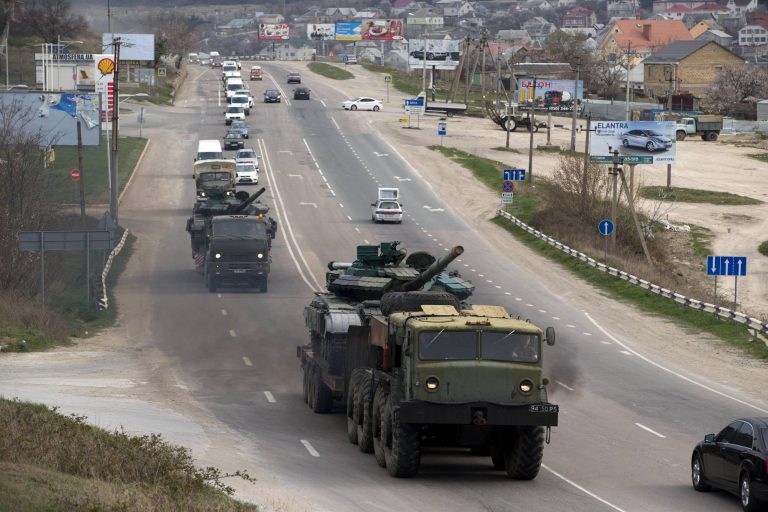 Ukrainian tanks are transported from their base in Perevalne, outside Simferopol, Crimea on March 26. (AP/Pavel Golovkin)