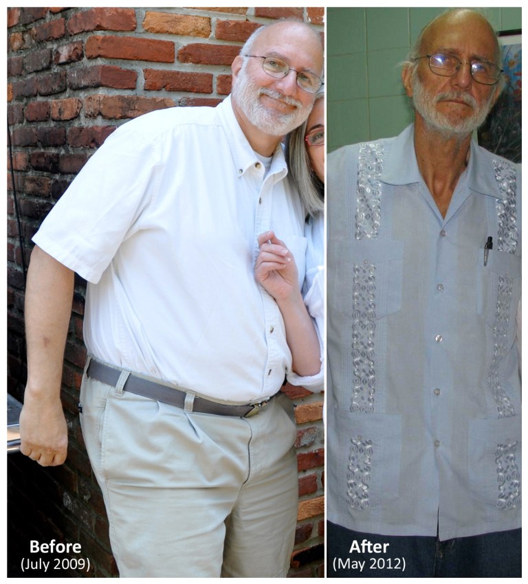   This two-picture combo handout photos provided by Alan Gross attorney Peter Kahn, shows Gross in 2009 and in 2012. Kahn, the lawyer for Gross, a Maryland man imprisoned in Cuba for more than two years says his client's health is worsening and that country is withholding the results of medical tests performed on him there. (AP Photo/Courtesy of Peter Kahn)  