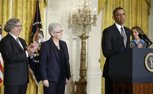 President Barack Obama pauses in the East Room of the White House in Washington, Monday, March 4, 2013, where he announced will nominate, from left;  MIT physics professor Ernest Moniz for Energy Secretary; Gina McCarthy to head the EPA;  and Walmart Foundation President Sylvia Mathews Burwell to head the Budget Office. (AP Photo/Pablo Martinez Monsivais)