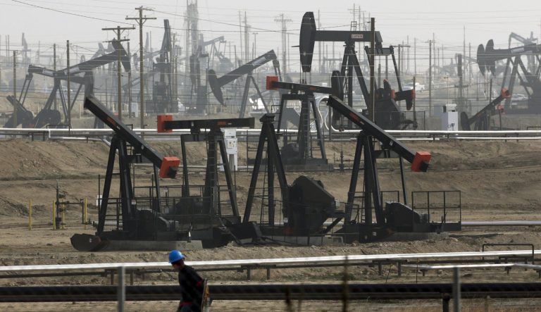 Pumpjacks operating at the Kern River Oil Field, in Bakersfield, California. 