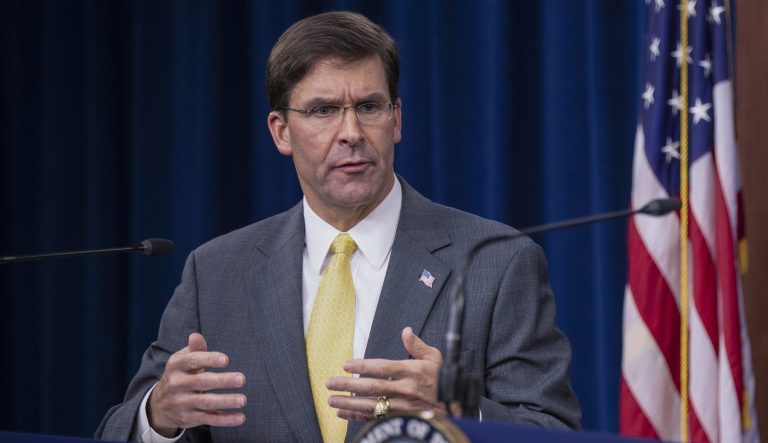 Secretary of Defense Mark Esper speaks to reporters during a briefing at the Pentagon