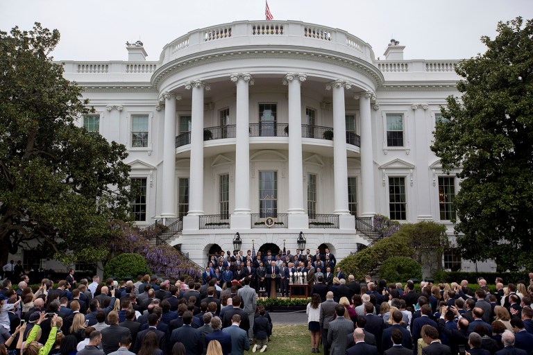 President Donald Trump speaks on the South Lawn of the White House in Washington, Wednesday, April 19, 2017, during a ceremony where he honored the Super Bowl Champion New England Patriots for their Super Bowl LI victory. (AP Photo/Andrew Harnik)