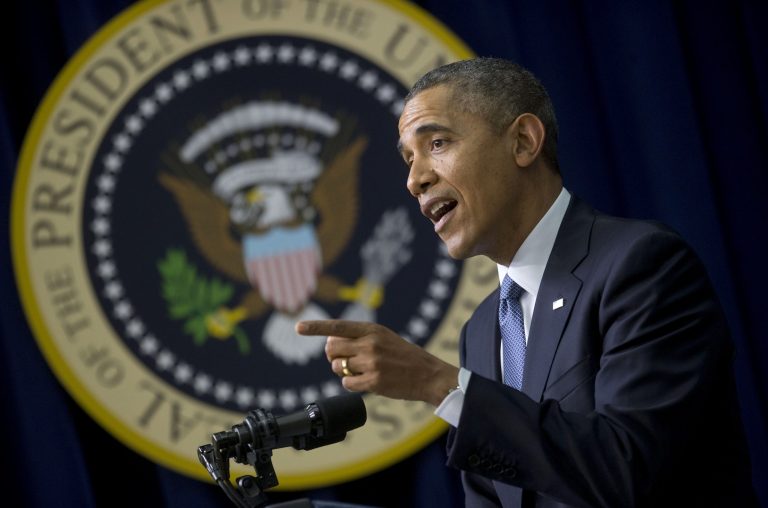 President Barack Obama speaks at the screening of the film 'Cesar Chavez', Wednesday, March 19, 2014, in the Old Executive Office Building on the White House complex in Washington. The movie biopic is directed by Diego Luna about the Mexican-American labor leader Cesar Chavez. (AP Photo/Pablo Martinez Monsivais)