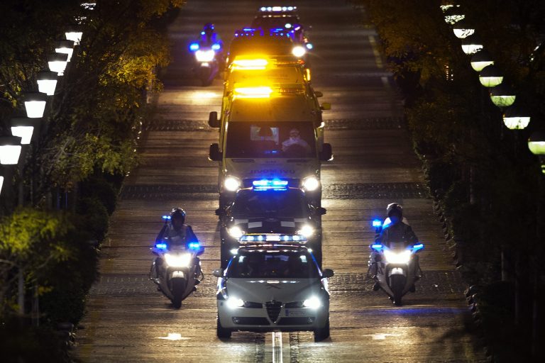 A convoy  transporting a Spanish nurse who believed to have contracted the ebola virus from a 69-year-old Spanish priest leaves Alcorcon Hospital in Madrid, Spain, Tuesday, Oct. 7, 2014. The nurse who treated a missionary for the disease at a Madrid hospital tested positive for the virus, Spain's Health Minister Ana Mato said Monday. The female nurse was part of the medical team that treated a 69-year-old Spanish priest who died in a hospital last month after being flown back from Sierra Leone, where he was posted. (AP Photo/Andres Kudacki)