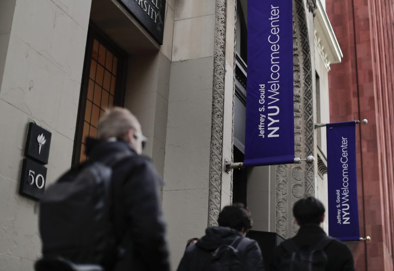 Liberal protesters at New York University Thursday night were not quite as violent or arson prone as their counterparts who lit up UC Berkeley the night before, but they were loud. (AP Photo/Julie Jacobson)