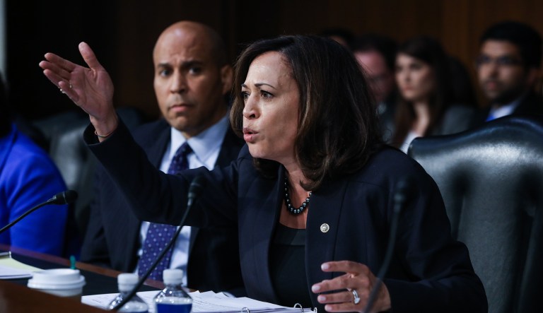Senator Kamala Harris, D-CA, directs a line of questioning to Homeland Security Secretary Kirstjen Nielsen, during a Senate Judiciary Committee hearing on Capitol Hill,  Tuesday, January 16, 2018.
